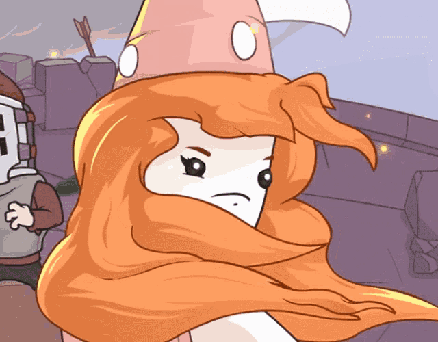 a cartoon drawing of a girl with orange hair and a pink hat