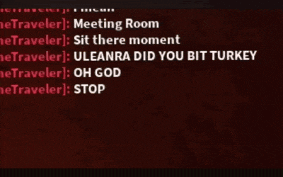a screenshot of a video game with the words meeting room and uleanna did you bit turkey on it