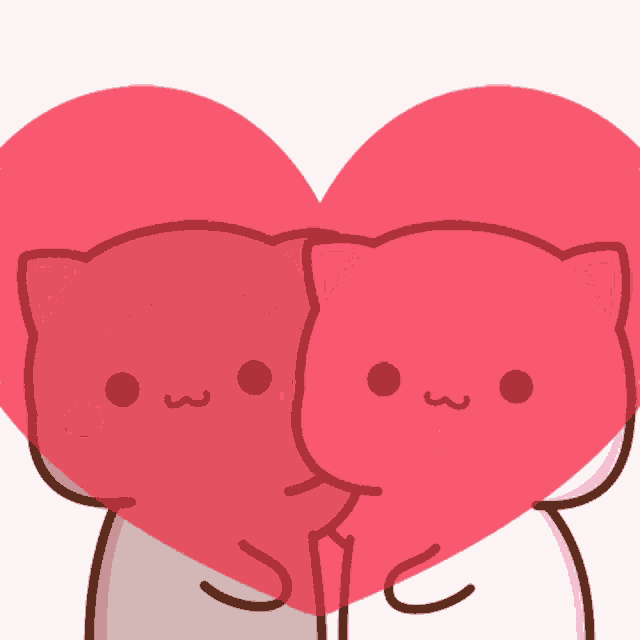 two pink cats hugging each other in front of a heart