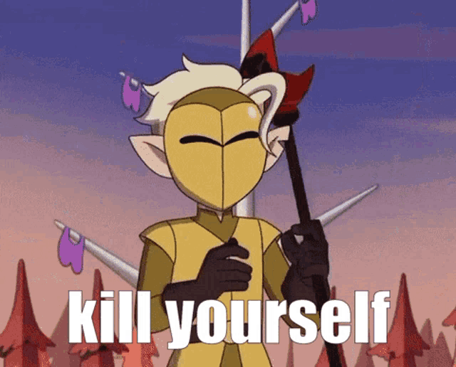 a cartoon character is holding a spear with the words kill yourself written below him .