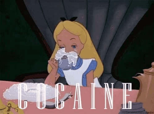 a cartoon of alice from alice in wonderland drinking from a cup with the word cocaine written below her