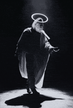 a person wearing a gas mask with a halo around their head