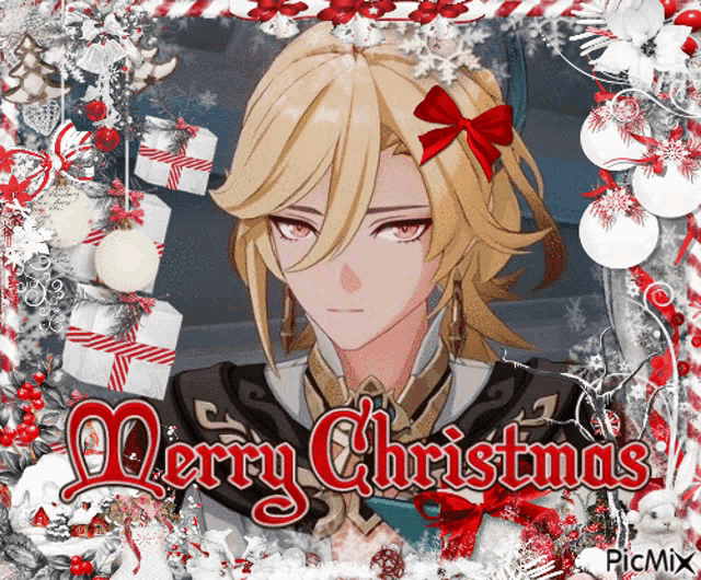 a picture of a man with a bow in his hair with the words merry christmas
