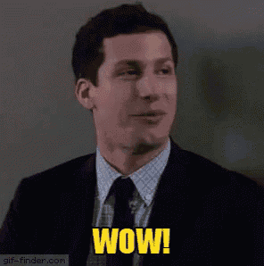 a man in a suit and tie says wow in yellow letters