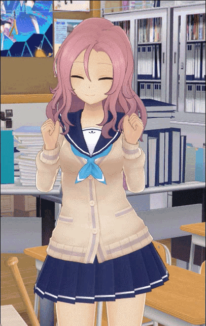a girl with pink hair is standing in a classroom with her arms in the air