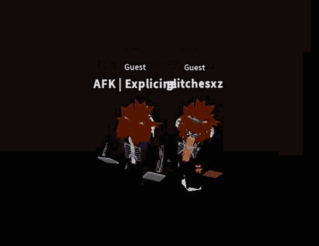 two cartoon characters are standing next to each other with guest afk explicitbitchesxz written on the bottom right