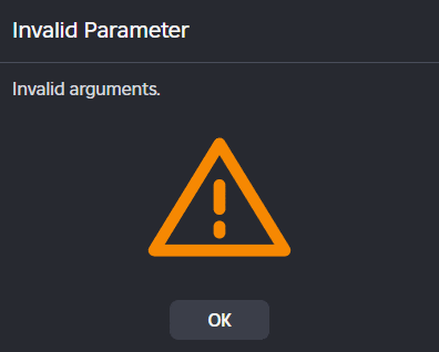 an error message that says invalid parameter invalid arguments ok