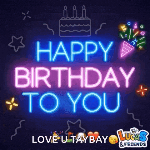 a neon sign that says `` happy birthday to you '' with a cake and candles .