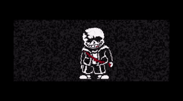 a pixel art of sans from undertale holding a red ribbon .