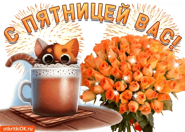 a cat sitting in a cup of coffee next to a bouquet of roses