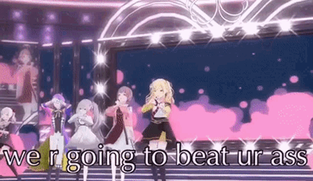 a group of anime girls are standing on a stage and dancing .