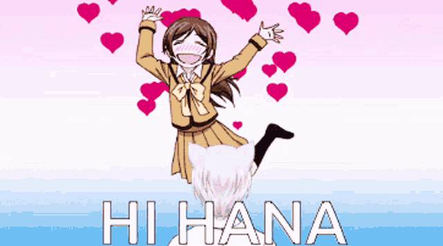 a girl in a school uniform is surrounded by hearts and the words hi hana