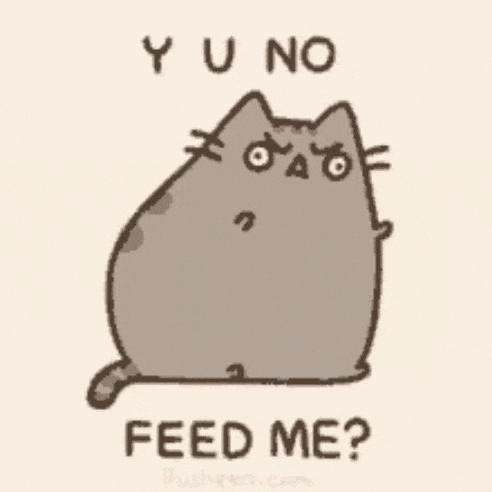 a cartoon of a cat that says " feed me "