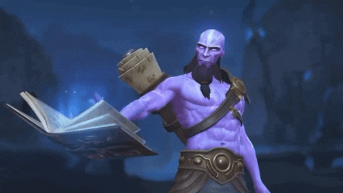 a man with a beard and a purple body is standing next to a book