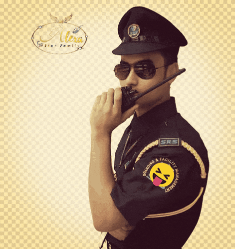 a man in a srs uniform is holding a walkie talkie