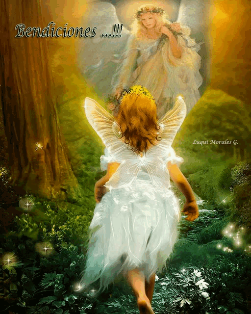 a painting of a little girl with wings and the words bendiciones on the bottom