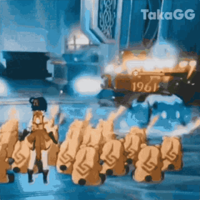 a video game character is standing in front of a group of statues with the number 1961 on them .