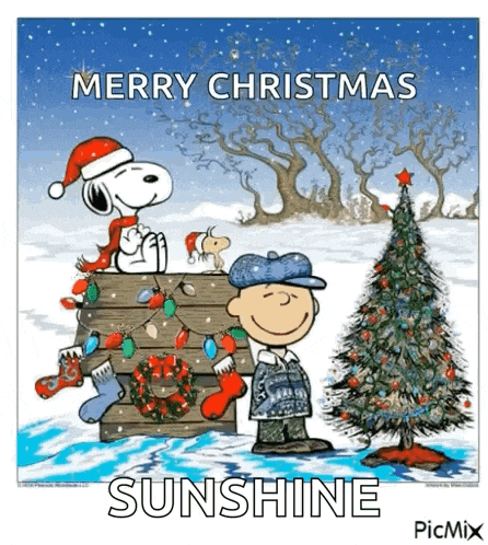 a cartoon of snoopy and charlie brown standing next to a christmas tree .