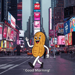 a cartoon peanut walking down a city street with the words " good morning " below him