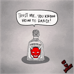 a cartoon of a bottle of tequila with a red demon face on it