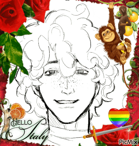 a drawing of a man with curly hair and the words hello italy on the bottom