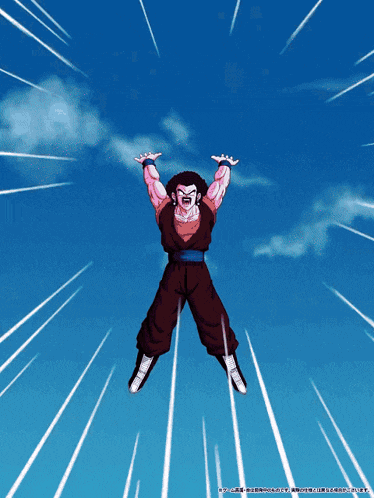 a cartoon character is flying through the air with a blue sky behind him
