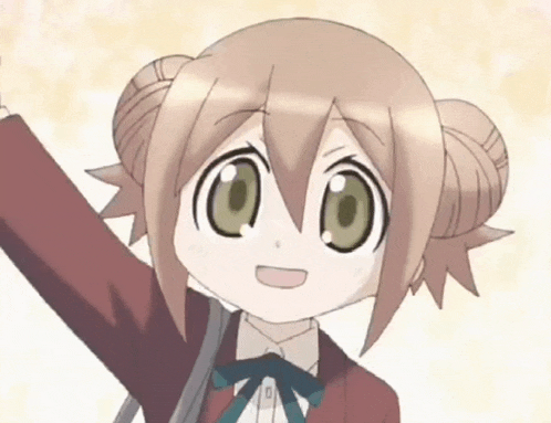 a cartoon girl with brown hair and green eyes is smiling and waving her hand