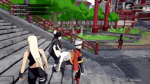a screenshot of a video game shows a group of people walking up stairs