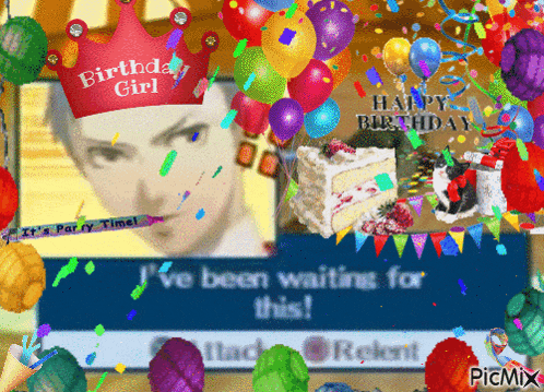 a birthday girl crown with balloons and confetti around it