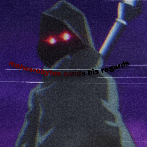 a cartoon character with red eyes and the words malwarebytes sends his regards on the bottom