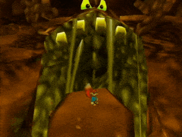 a cartoon character is standing in front of a giant monster
