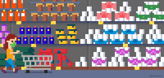 a pixel art illustration of a woman pushing a shopping cart