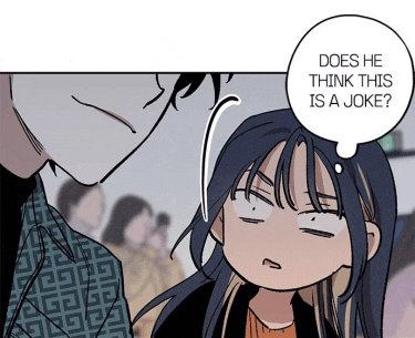a man and a woman are looking at each other with a speech bubble that says does he think this is a joke