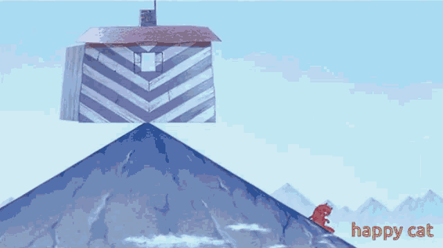 a cartoon drawing of a cat on top of a mountain with the word happy cat below it
