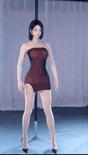 a woman in a red dress and black heels stands on a pole