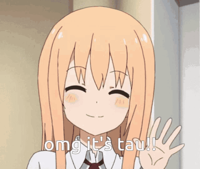 a cartoon girl waving her hand with the words omg it 's tau