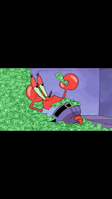 a crab is laying in a pile of money