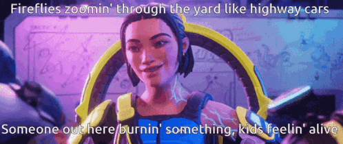 a video game character says fireflies zoomin through the yard like highway cars someone out here burnin something kids feelin alive
