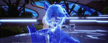 a computer generated image of a girl in a blue outfit