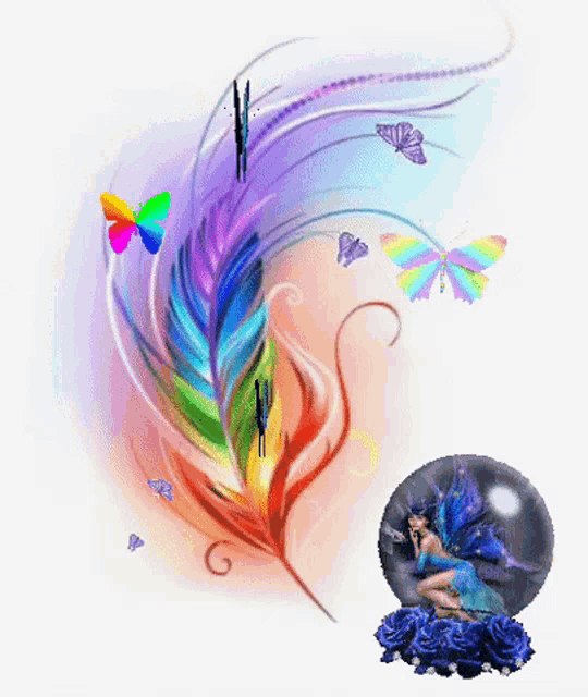 a colorful feather with butterflies flying around it and a fairy in a ball