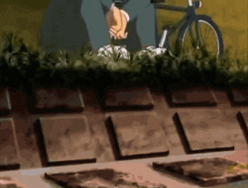a cartoon of a man sitting next to a bike