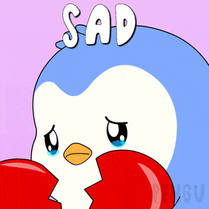 a cartoon of a penguin with the word sad on its head