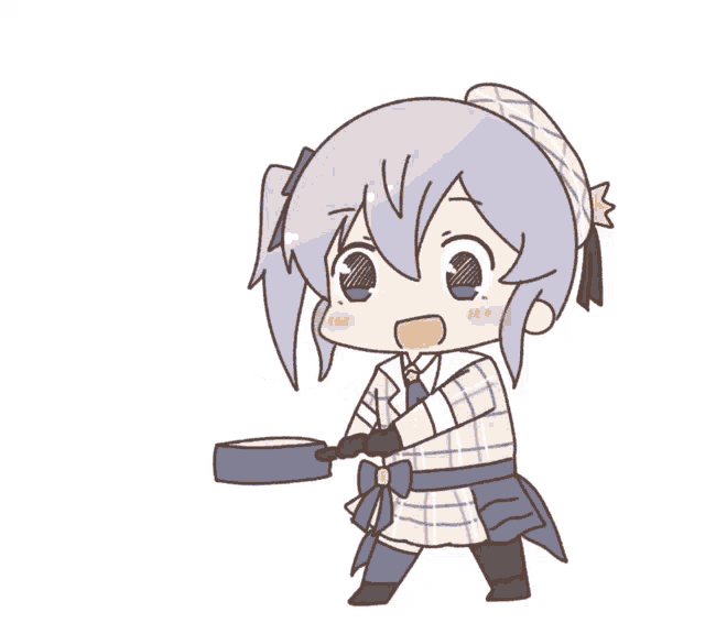 a cartoon girl is holding a pan and a pancake in her mouth