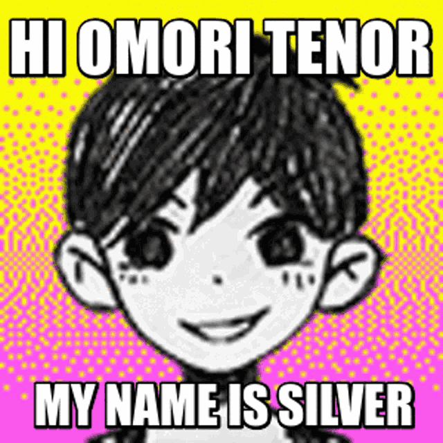 a drawing of a boy with the words hi omori tenor my name is silver