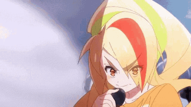 a cartoon girl with blonde hair and red and yellow stripes on her hair is looking at the camera with a serious look on her face .