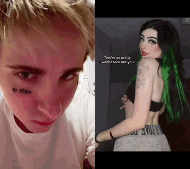 a man with a tattoo on his face next to a picture of a girl with green hair