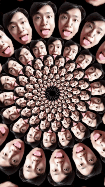 a circular pattern of faces sticking their tongues out on a black background
