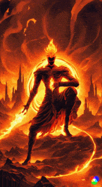 a painting of a man with flames coming out of his face