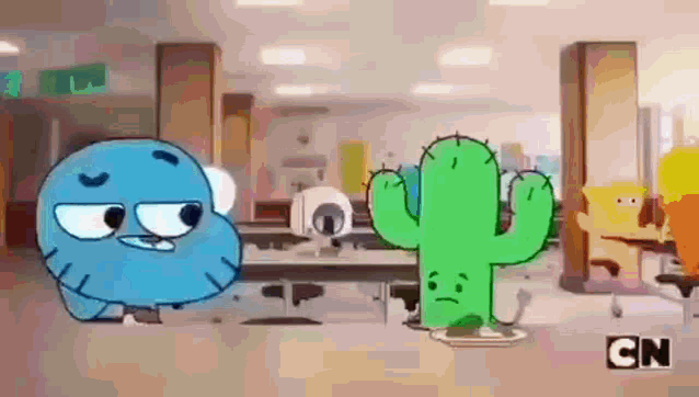 gumball and a green cactus from the amazing world of gumball are standing next to each other in a school cafeteria .