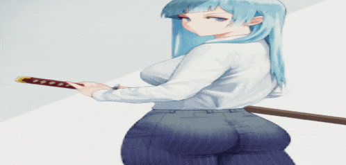 a blue haired anime girl holding a sword